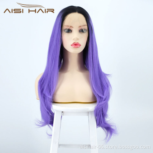 Aisi Hair New Design Party Body Wave Curly Long Wavy Ombre Purple Lace Frontal Synthetic Hair For Black Women Lace Front Wig